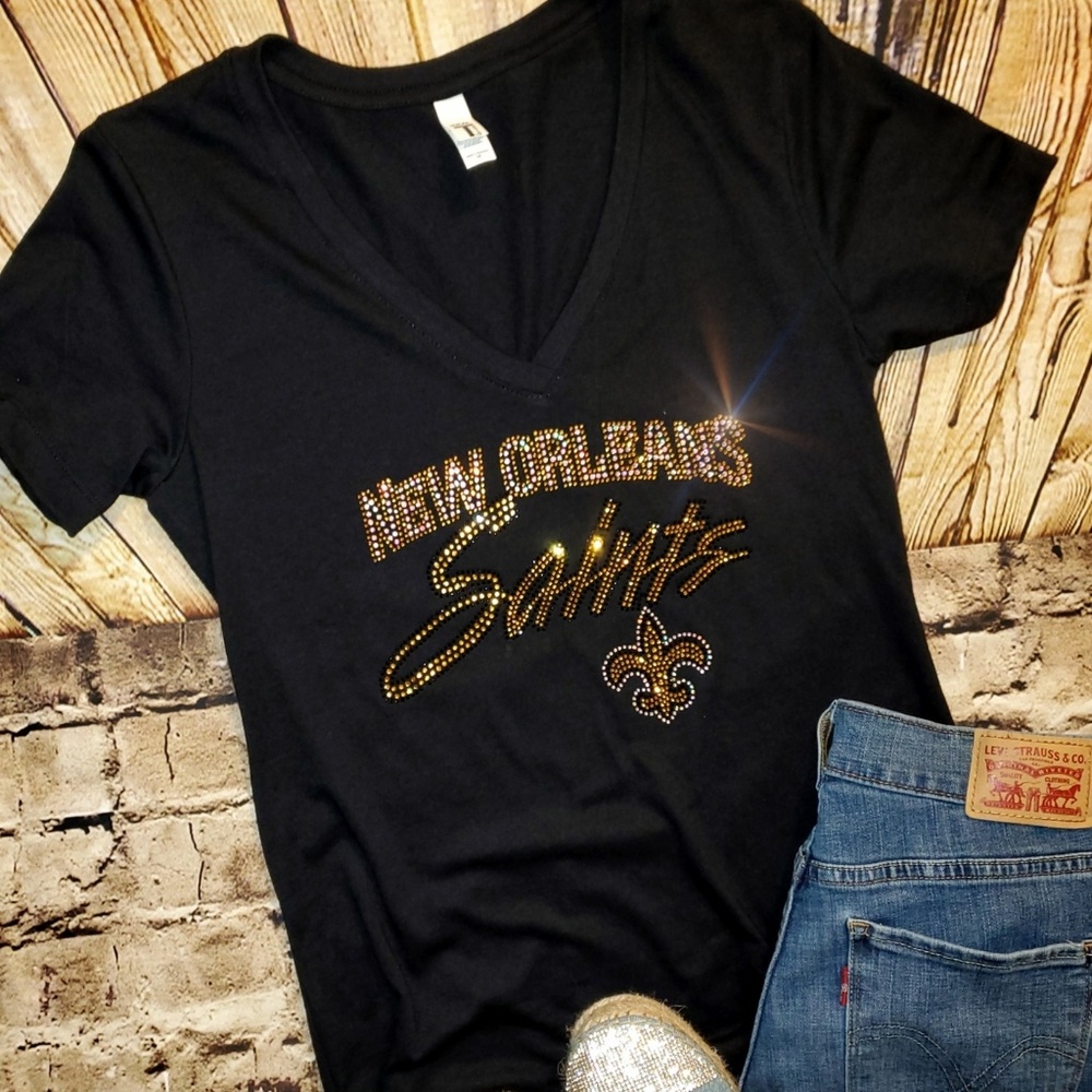 New Orleans Saints New Rhinestone V-Neck T-shirt - Picture 2 of 5